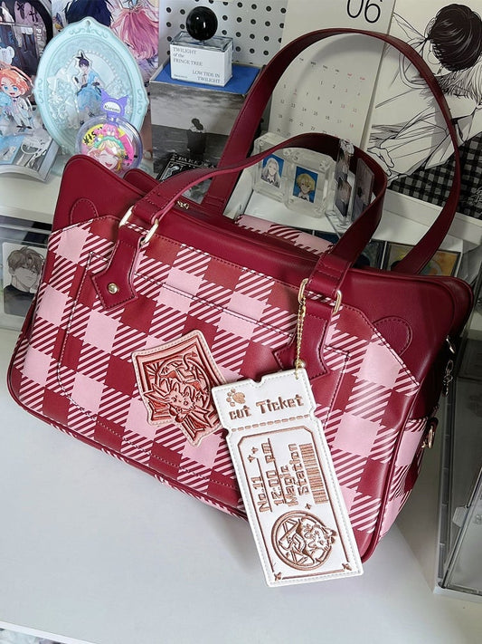 Plaid Pattern Large Capacity Wine Red Ita Tote Bag