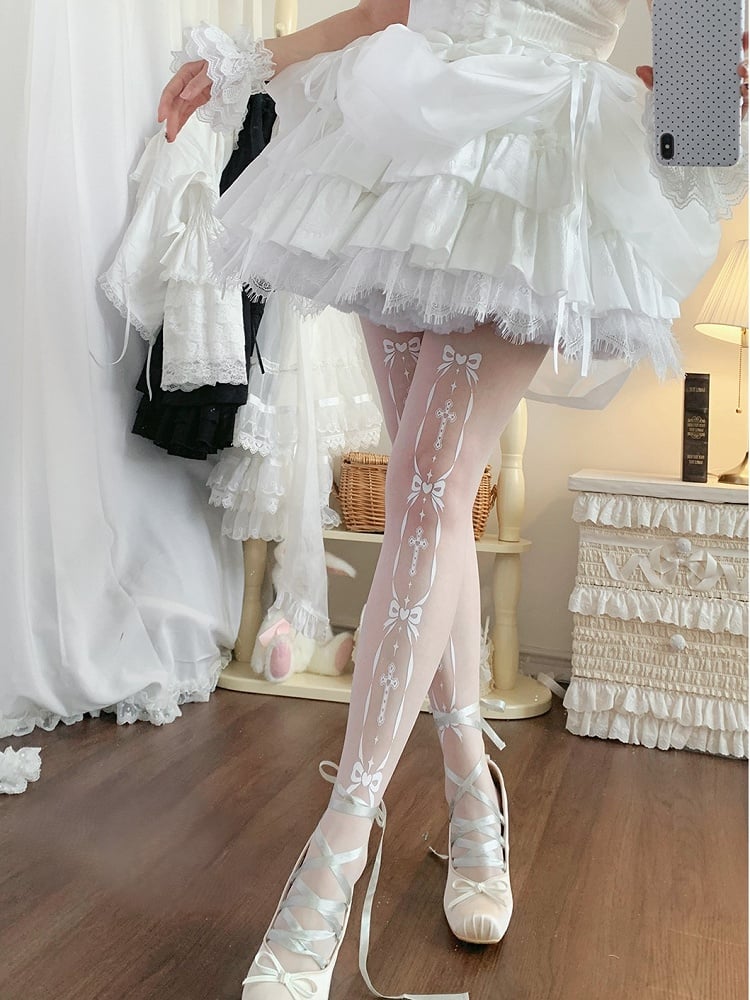White Cross and Bowknot Print Sweet Lolita Tights
