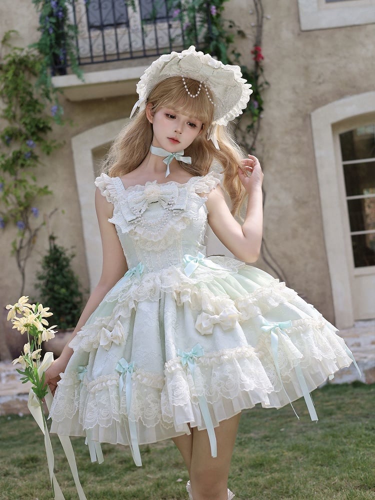 Light Green Jacquard Fabric Sweet Bow Accents Dress Lolita Jumper Skirt