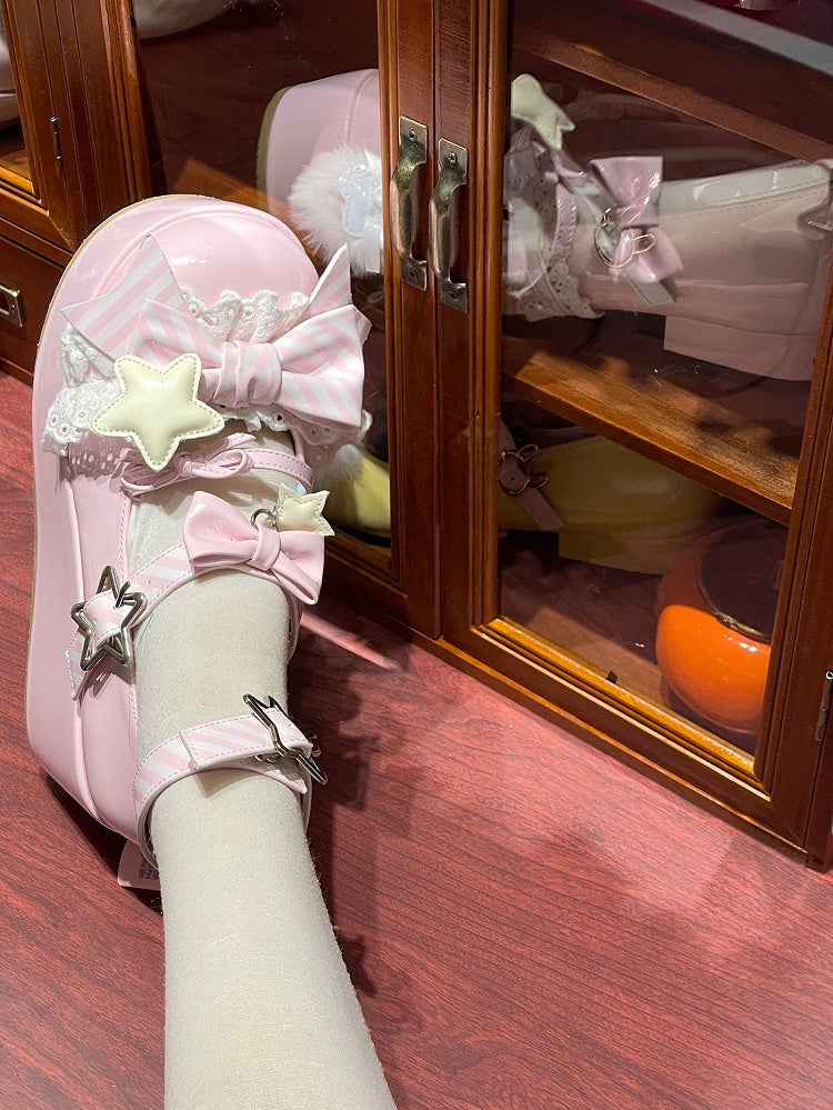 Pink Striped Pattern Bowknot Details Star Buckle Straps Lolita Platforms