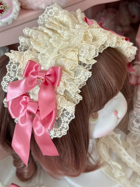 Beige&Pink Bowknot Details Ruffled Hairband