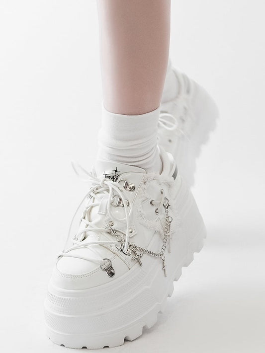 White Punk Front Lace-up Ties Design Platform Shoes With Detachable Cross Charm Chain