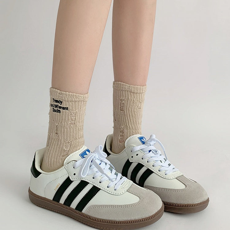 Letters Embroidery Distressed Holes Socks White/Black/Gray/Khaki