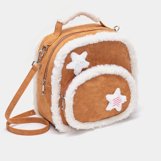 Chic 2-Way Small-Sized Brown Backpack With Plush Trim And Fuzzy Star Accents