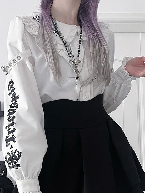 White Emo Punk Peter Pan Collar Letter Print Buckle Details Blouse
