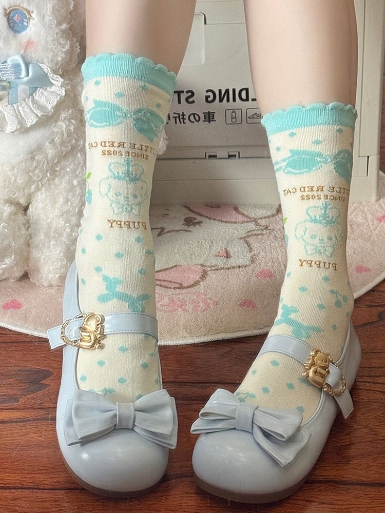 Sky Blue Bow at Top Sweet Lolita Flats with Hugging Bear Heart Buckles