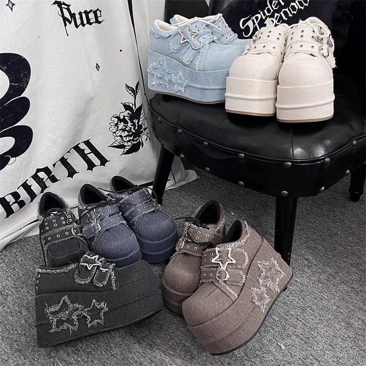 Gyaru Fashion Distressed Stars Brown Denim Platforms