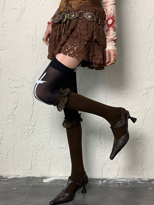 Brown Y2K Ruffled Cuff Under-knee Stockings