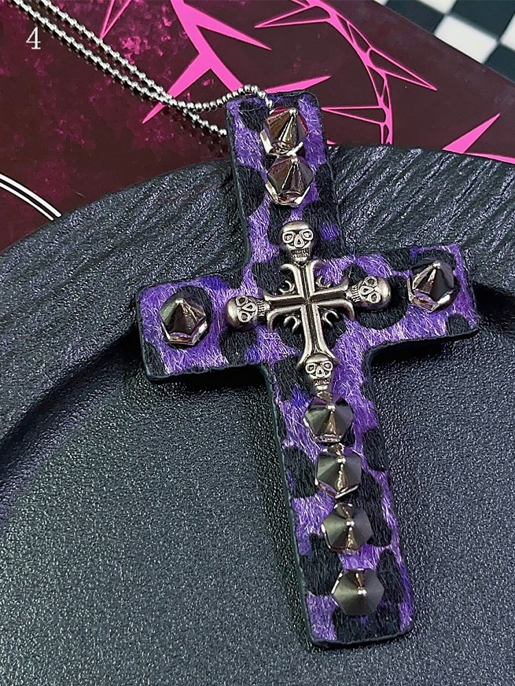 9 Options Gyaru Fashion Skeleton And Studs Leopard Cross Necklace