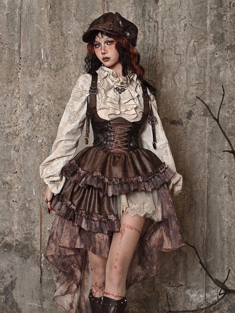Brown Western Style Steampunk Asymmetrical PU Overall Dress with Detachable Train