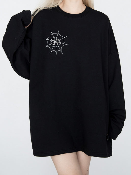 Spiderweb Embroidered Black Sweatshirt with Detachable Metal Spider