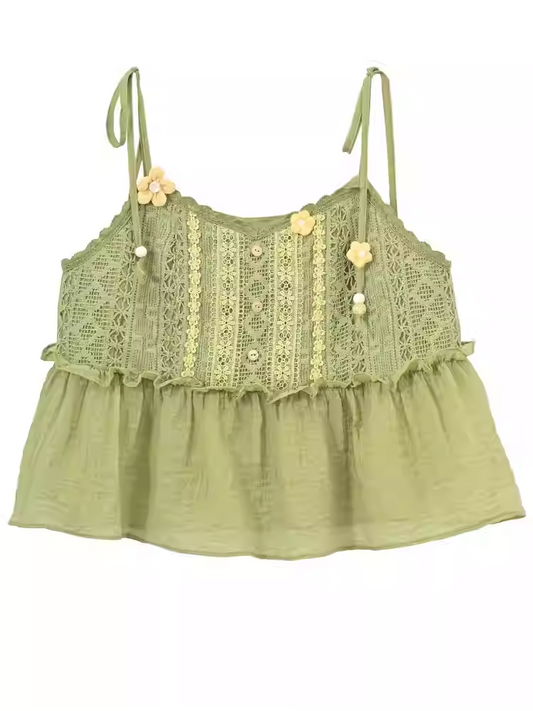 Mori Kei Green Knitted Floral Accents Cami Top