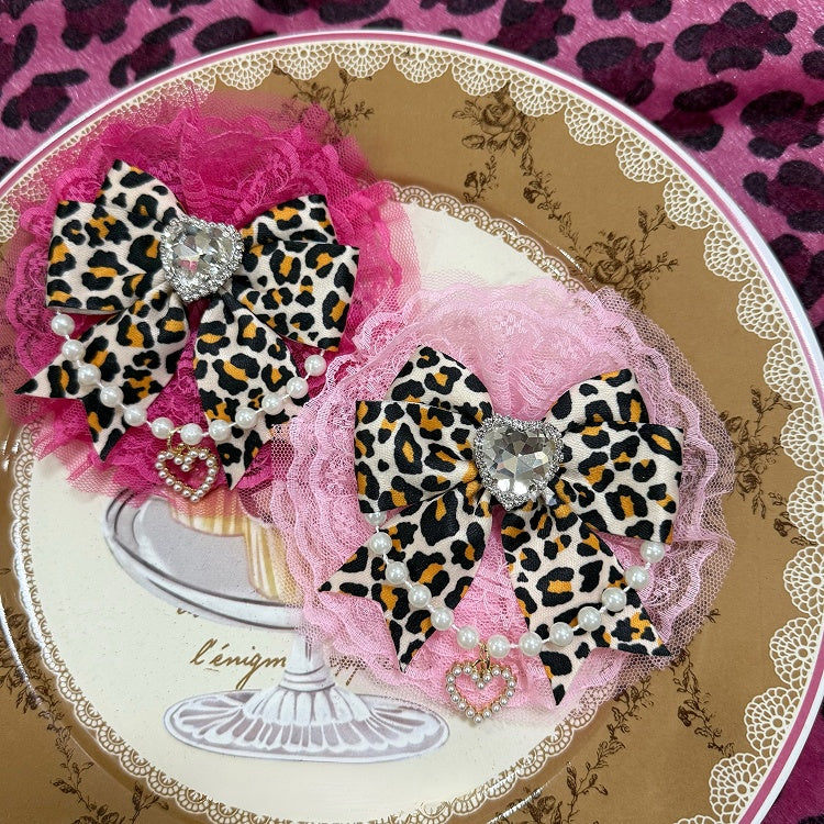 Pink/Rose Red Beaded Charm Rhinestone Heart Decorated Leopard Pattern Lace Trim Bowknot Hairclip