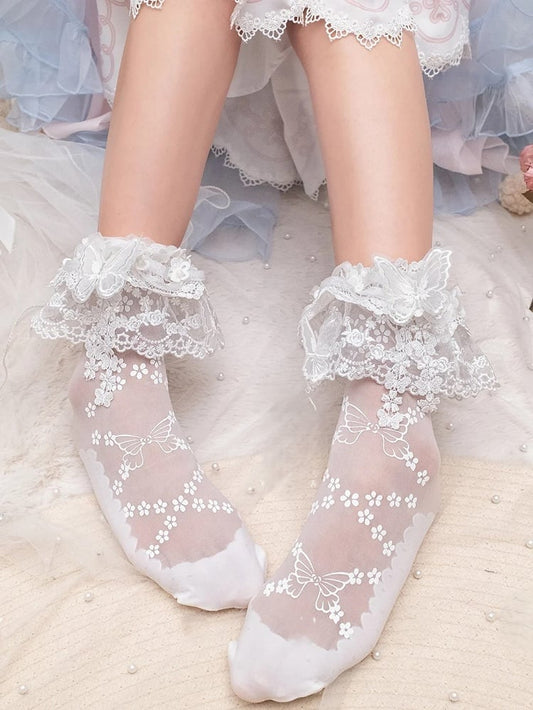 White Sweet Butterfly Print Double-layer Lace Trim Socks