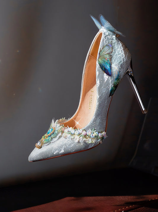 Silver Rhinestone Decorated Butterfly Details Pointed Toe 7.5CM/10.5CM High Heels