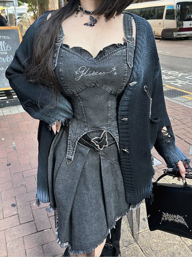 Plus Size Y2K Dark Grey Asymmetrical Hem High Waist Denim Skirt with Free Belts