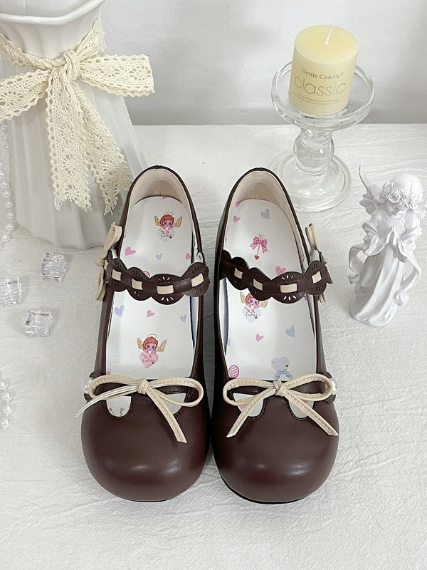 Chocolate Brown Beaded Decorated Knotted Bow at Top Round Toe Lolita Shoes