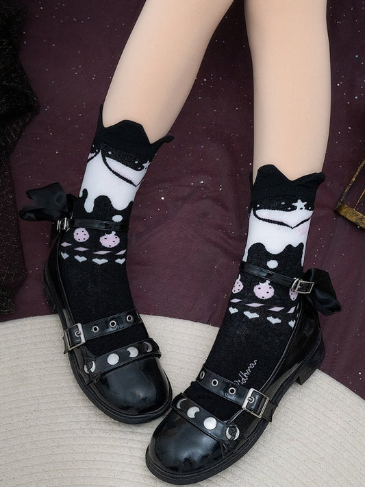 Black Heart Strawberry Print Ruffled Cuff Calf Socks