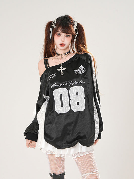 Asymmetrical Neckline Butterfly Embroidery Lace Patches Black/Silver Top