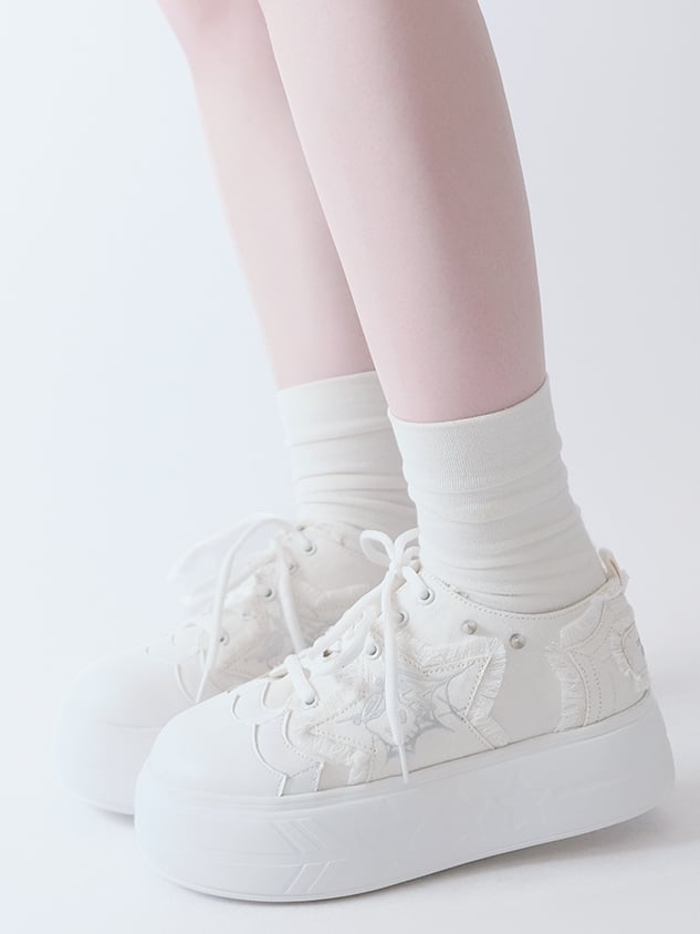 White Y2K Star Applique Platform Sneakers