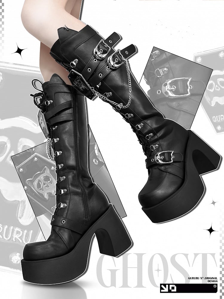 Ghost Cat Black High Block Heel Boots with Detachable Chain