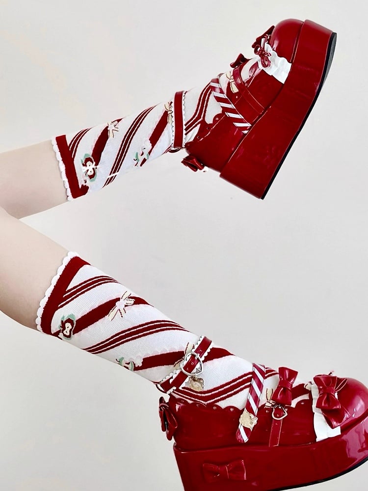 Red Apple Bowknot Print Striped Pattern Lolita Calf Socks