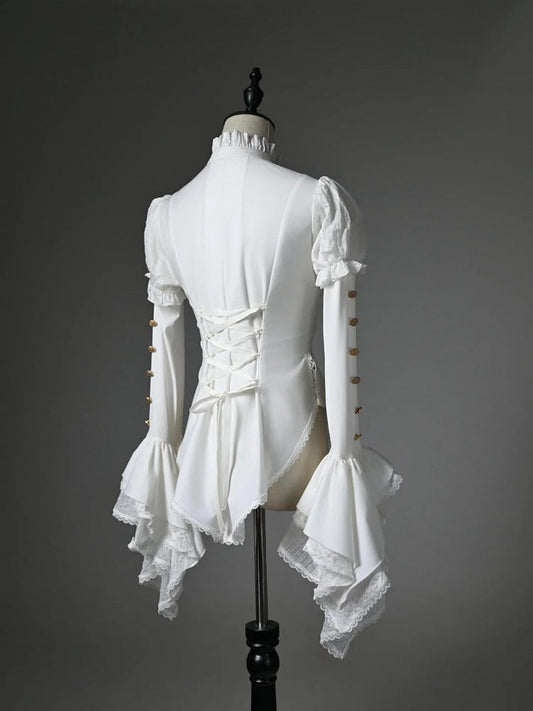 White Jabot Ruffled High Neck High-low Hem Long Sleeves Shirt