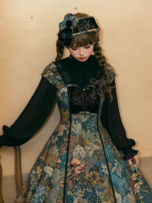 Black Lolita Hairband with Flower and Embroidered Details