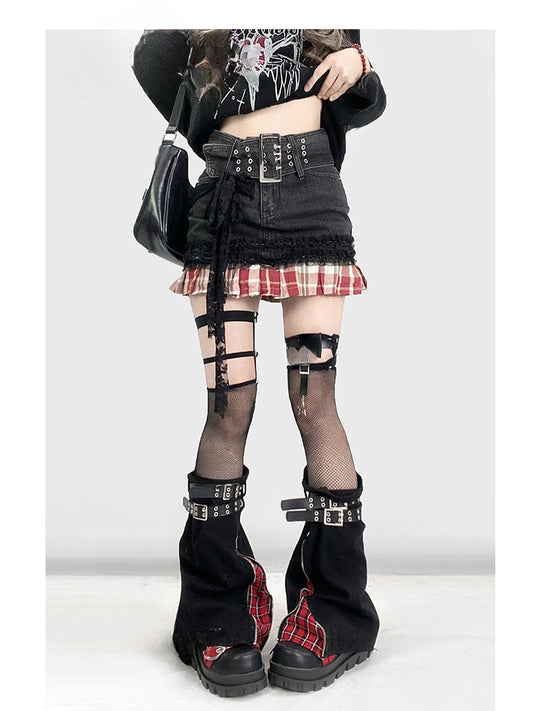 Y2K Red Plaid Pattern Hem Black Denim Skirt+Buckle Strap Leg Warmers