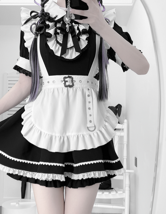 Peter Pan Collar Top with Shorts Black and White Maid Jirai Kei Set