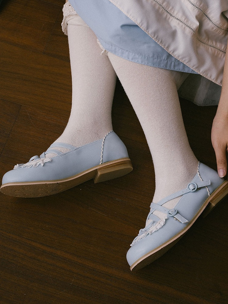 Blue Crisscross Design Lace Trim Bow at Top Lolita Shoes