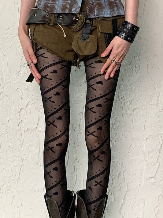 Black Punk Bittersweet Cross And Heart Print Striped Pattern Tights