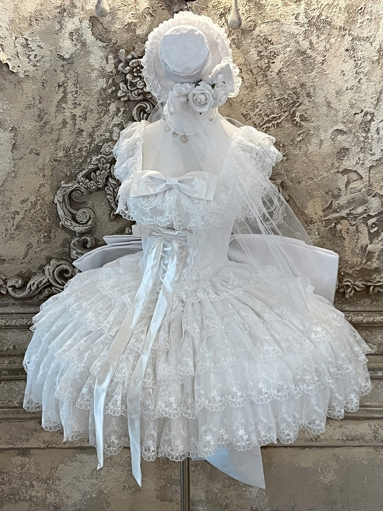 White Tiered Lace Square Neckline Shiro Dress with Bow Accents