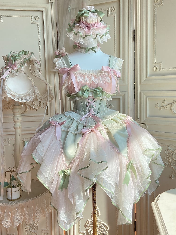 Pink and Green Basque Waist Fairycore Lolita Jumper Skirt with Layered Handkerchief Hem