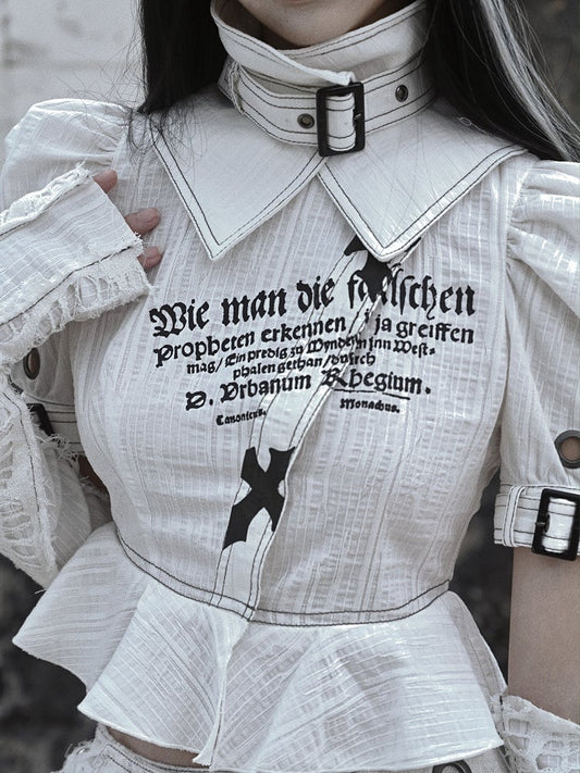 Grey Goth Letters Print Punk Shirt with Detachable Buckle Collar