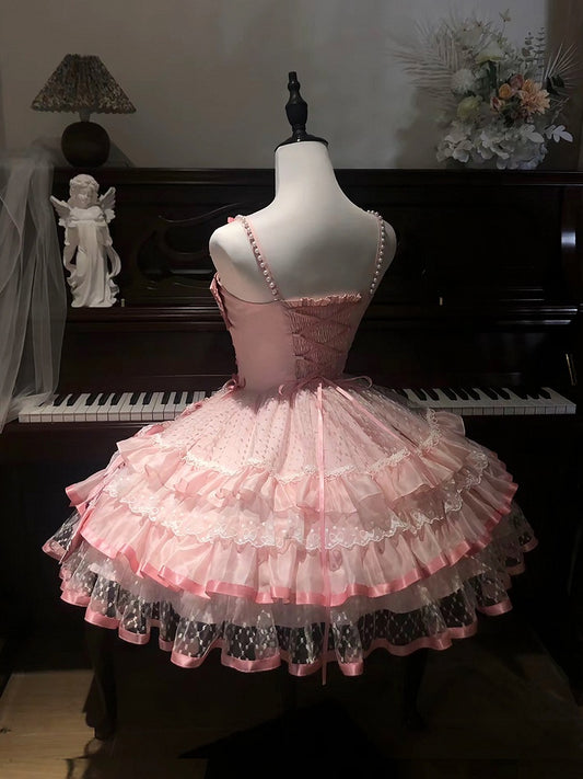 Pink Layered Lace Sweet Lolita Dress with Bead and Bow Embellishments