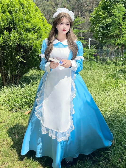 Plus Size Friendly Blue Long Version Maid One Piece + Apron Alice in Wonderland Vibes