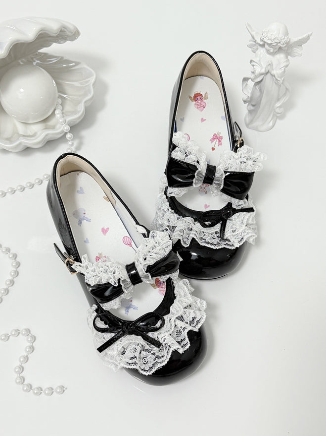 Black Bowknot Details Lace Trim Round Toe Lolita Shoes
