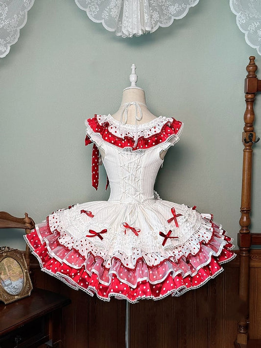 White and Red Polka-dot Bowknots on Bodice Tiered Skirt Sweet Lolita Jumper Skirt
