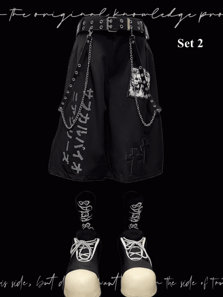 Punk Skeleton and Cross Appliques Black Wide-leg Shorts