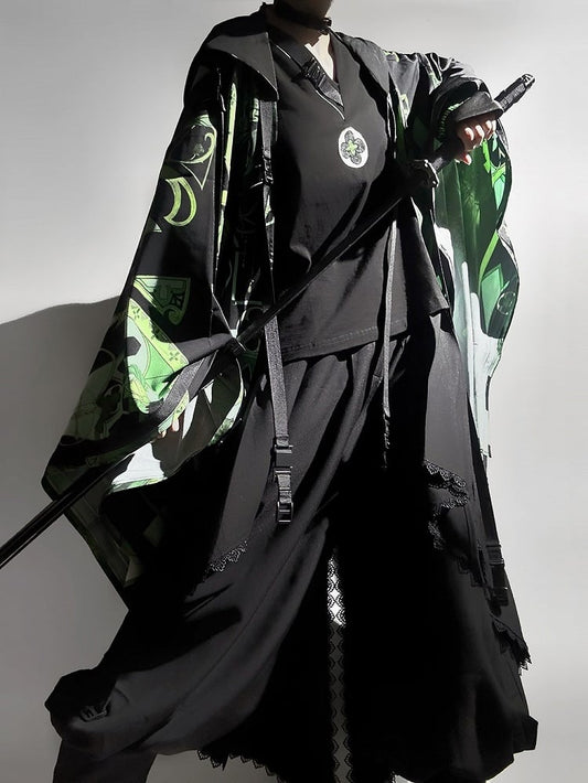 Black Ouji Fashion Buckle Strap V-neck Techwear T-shirt