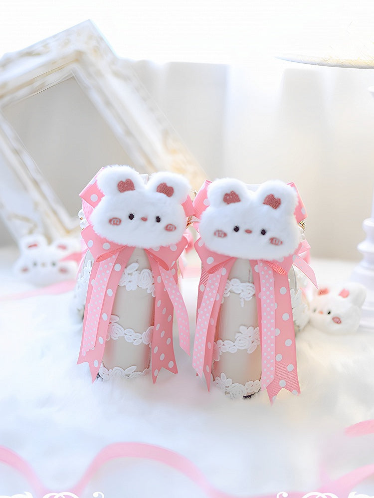 Pink Sweet Lolita Bow at Top Plush Bunny Decorated 5CM Block Heels Lolita Shoes