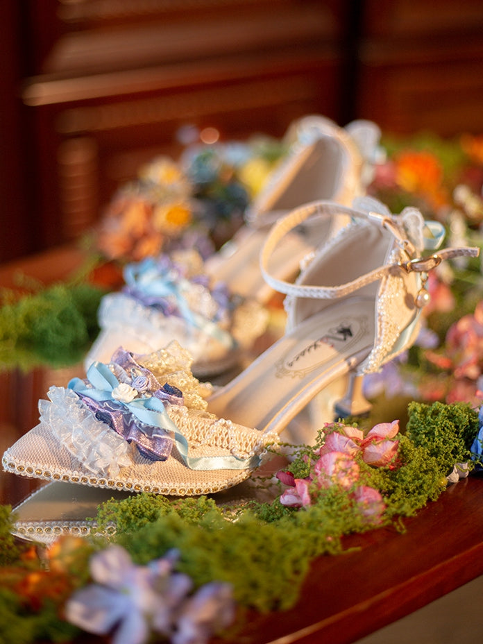 Blue&Purple Beaded Decorated Knotted Bow Accent Floral Design Pointed Toe 5CM/8CM High Heels