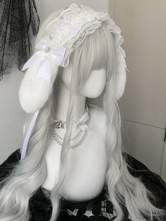 Black/White Rhinestone Heart Decorated Bowknot Details Ruffled Plush Bunny Ear Hairband