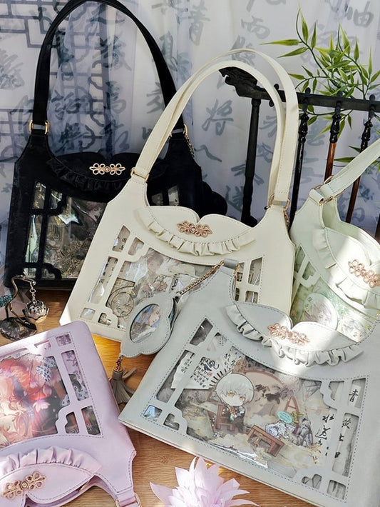 Gray Bow Accents Cheongsam Style Ita Shoulder Bag with Free Charm