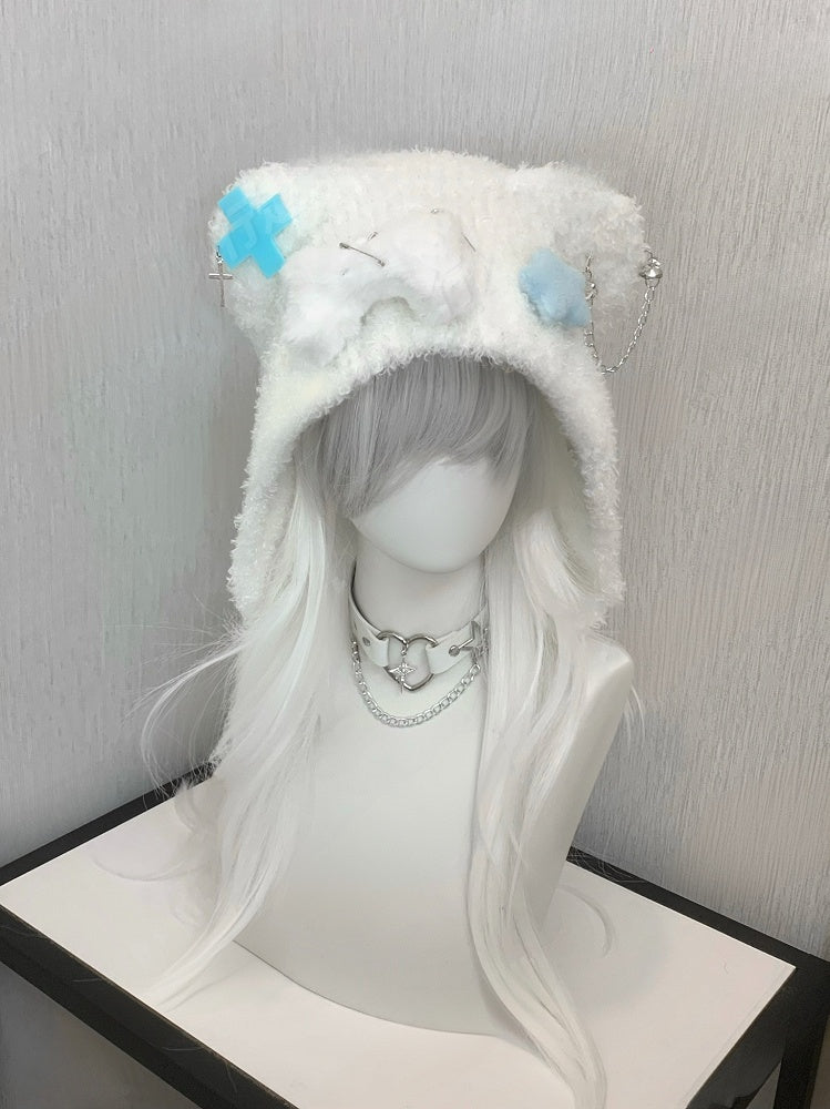 Blue/Pink Cross and Pin Accents Bear Ear Plush Hat with Bone and Star Plushie