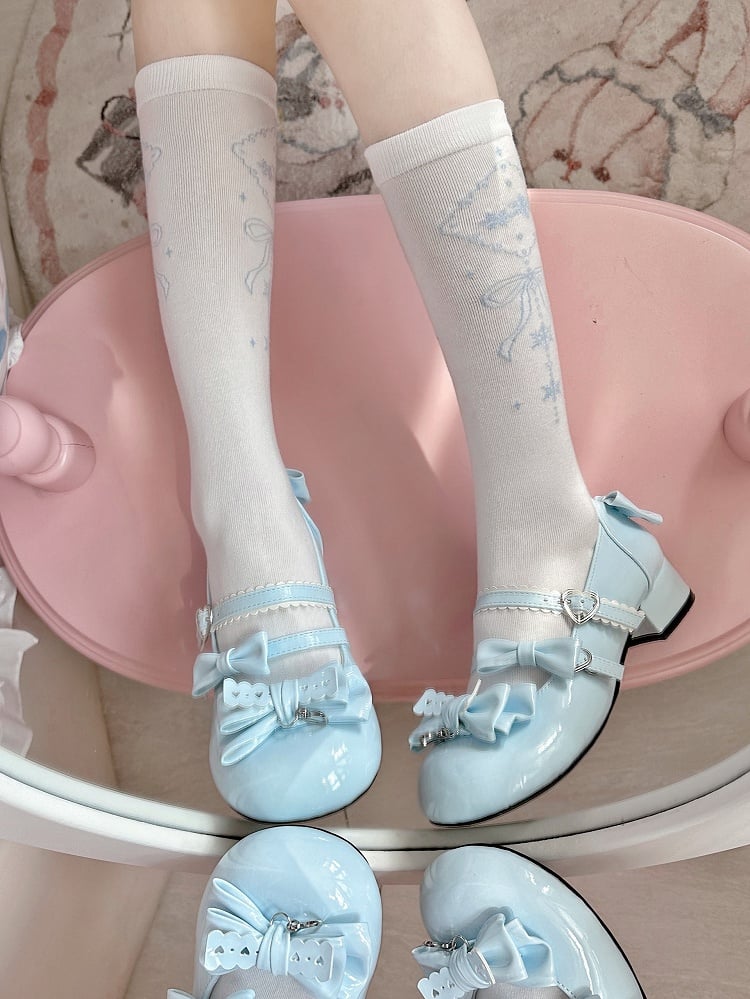 Blue White Snowflakes Pattern Bowknot Print Lolita Calf Socks
