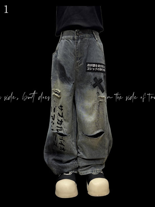 Blue Letter And Cross Applique Distressed Holes Details Wide-leg Cut Jeans