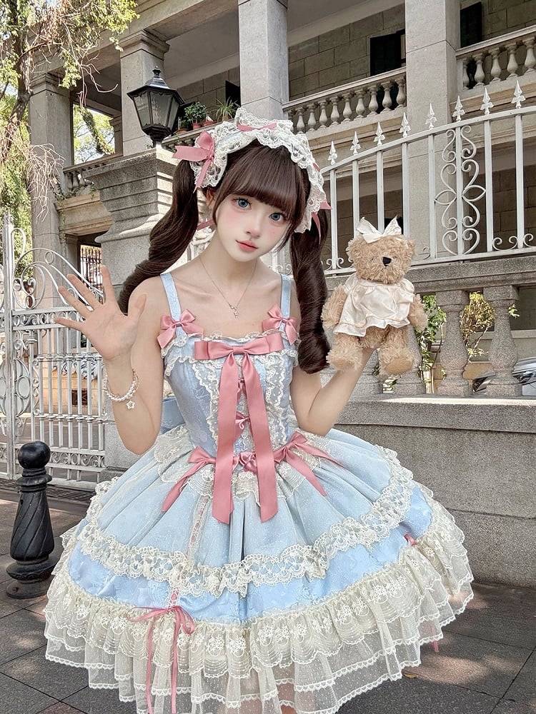 Blue Balletcore Lolita Dress Bowknots Decorated Sweet Jumper Skirt