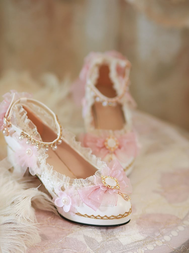 White & Pink Floral and Bow Accent 5CM/6CM/8CM Hime Lolita Block Heels